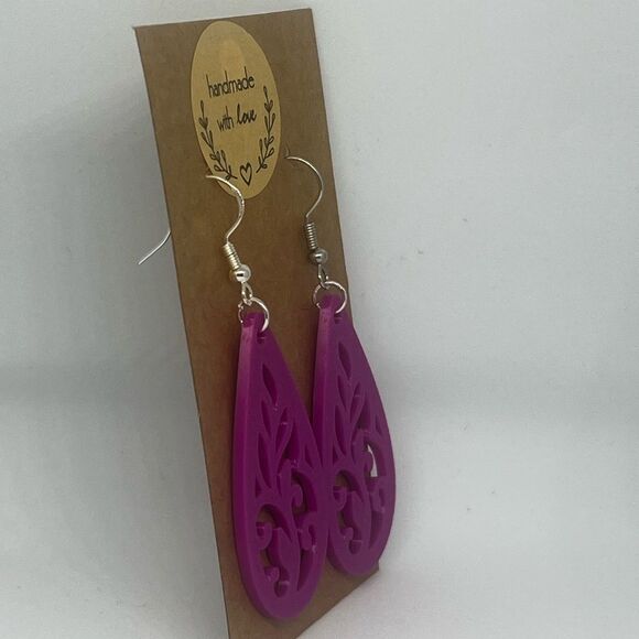 Purple Teardrop Earrings 3d printed, made is USA, handmade, .925 ss hooks - Picture 6 of 6